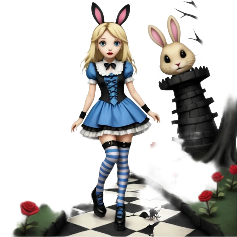  3d rendering,  ultra detailed, Alice in wonderland modern style in a punk gothic victorian style short dress, stripped knee high socks, gothic platform heels, long blonde hair, eyeliner, red lipstick, falling through rabbit hole,  transparent background
 emoji
