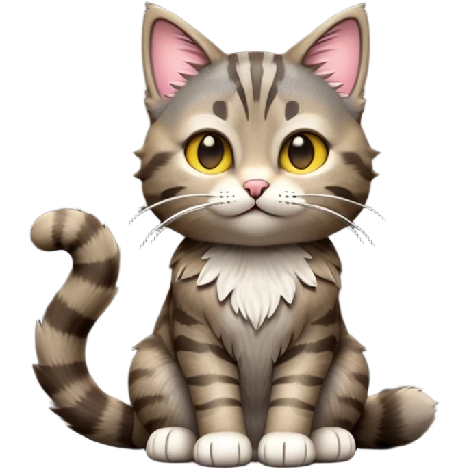 cinematic-[grey brown tabby cat]-realistic-full-body-sitting-emoji,-tail-curled-playfully-around-its-paws,-head-tilted-dramatically,-scruffy-[grey]-fur,-simplified-yet-realistic-focused-features,-highly-detailed,-glowing-with-an-almost-sarcastic-glow emoji