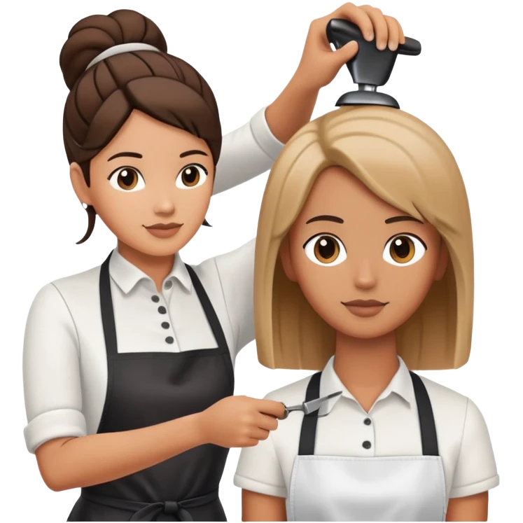 hair stylist wearing apron teaching student using mannequin head emoji
