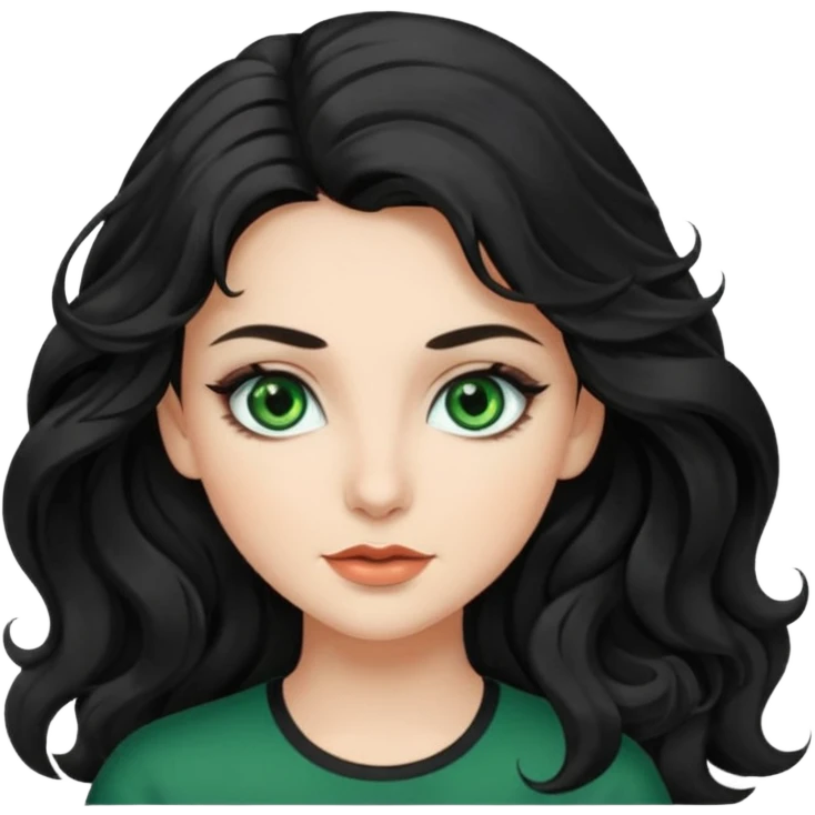 Caucasian girl with long, wavy black hair, green eyes, and pretty makeup. emoji