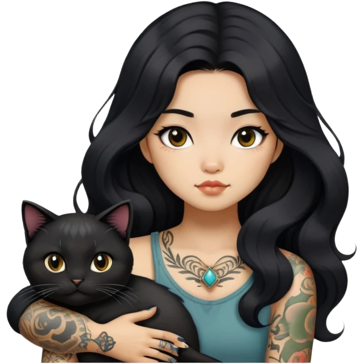 a Chinese girl with long black  Big Wave hair and tattoos and a black round faced cat  emoji