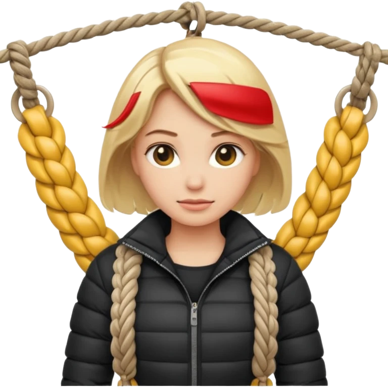 blond female emoji wearing a black down jacket, arms behind the back and ropes tying it emoji