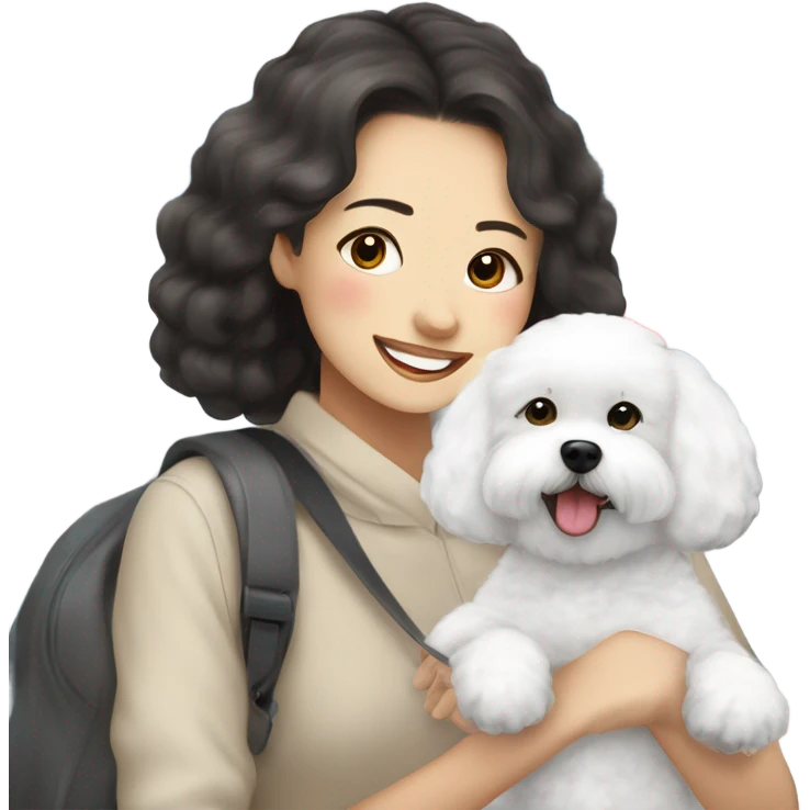 A cute and happy rounded ears bichon frise with a Asian woman at the airport  emoji