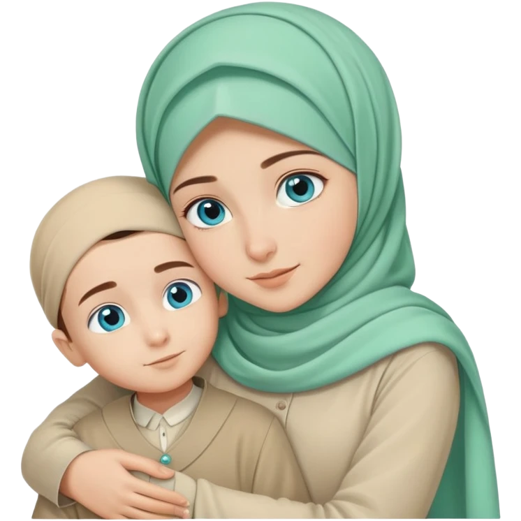 Turkish beautiful finish Konya girl blue eyes mint green beige hijab islamic dress and hugs with little boy brother  emoji