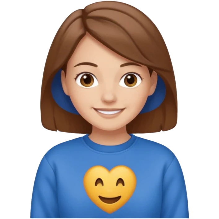 white woman with brown hair wearing a blue crewneck sweatshirt, happy emoji