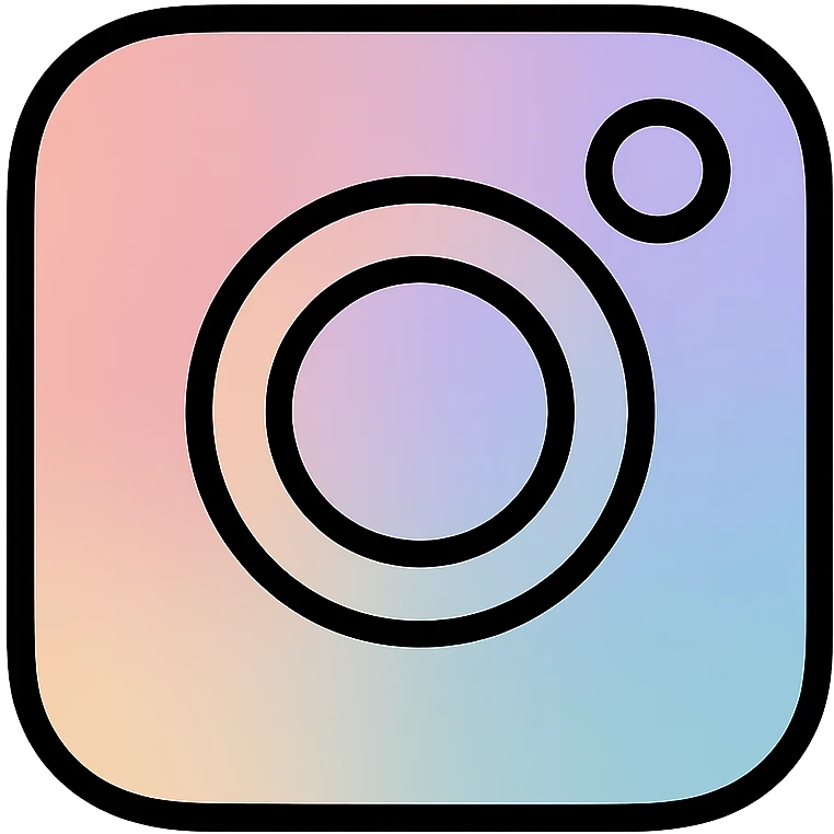 instagram logo, simplified camera with rounded edges, pastel gradient, black outlines emoji