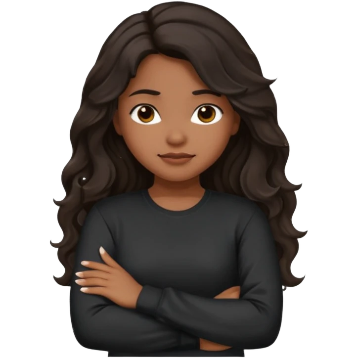 Hispanic girl with dark long wavy hair crossing her arms while pouting and wearing a black long sleeve shirt emoji