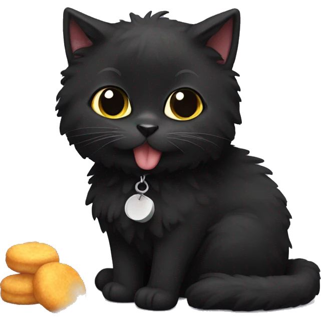 Black fluffy cat eating chicken nuggets emoji