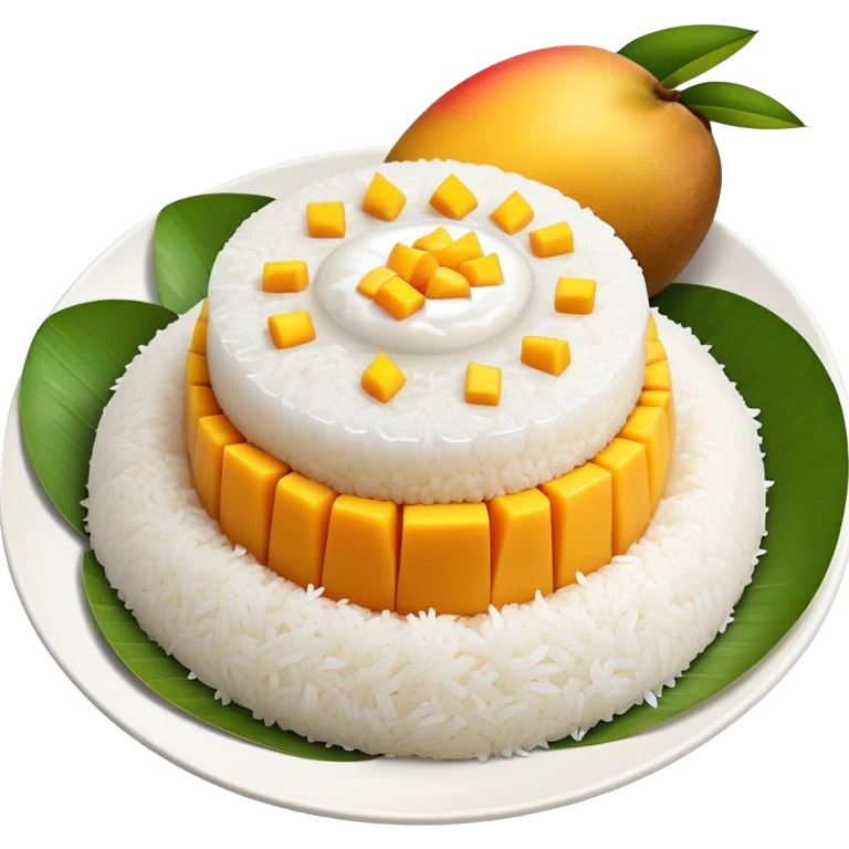 cinematic-realistic-mango-sticky-rice-dessert-emoji,-showcasing-sweet-sticky-rice out of a mould-paired-with-ripe-mango-slices-and-coconut-milk-rendered-with-lifelike-detail-and-warm,-inviting-lighting with the coconut  milk over the rice emoji