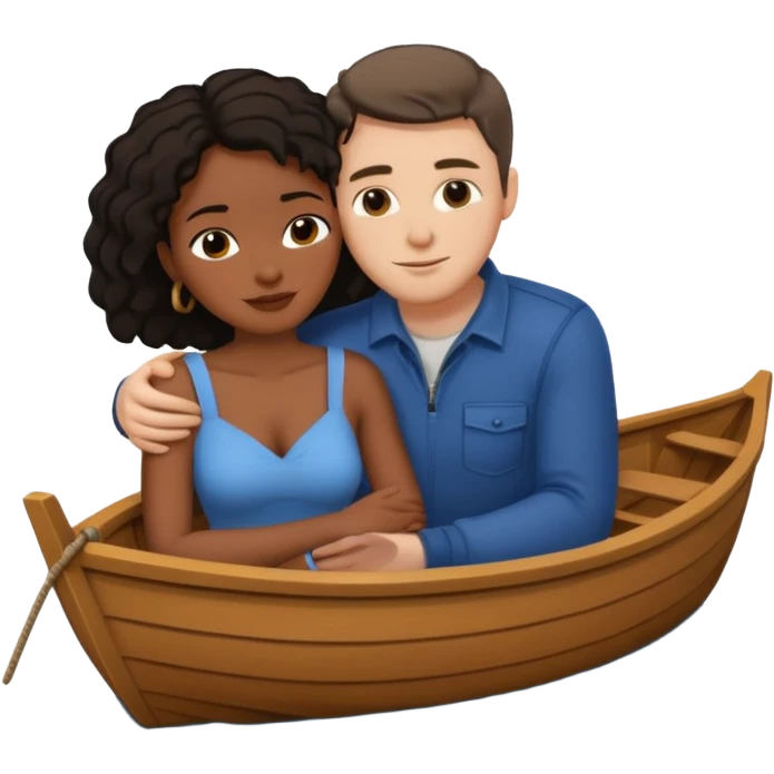 A black woman and white man with dark hair hugging  in a boat  emoji