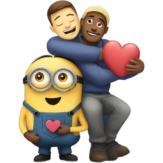 men hugging a minion with hearts around them  emoji