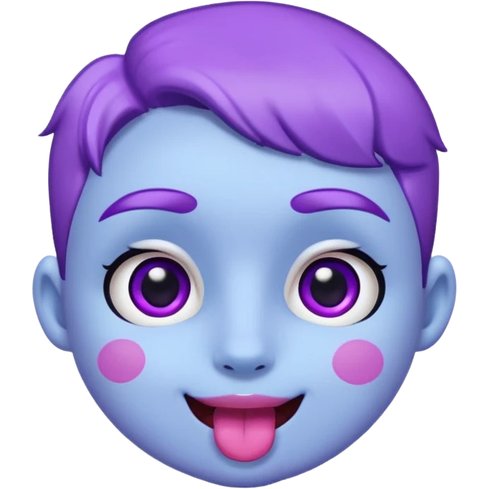 
de color azul claro brillante con manchas orgánicas en tonos morado y violeta.El rostro es expresivo y kawaii, con ojos grandes y brillantes, cejas pequeñas y una sonrisa abierta con lengua rosada. Estilo moderno, limpio y tierno, ideal como emoji, sticker o mascota digital.
 emoji