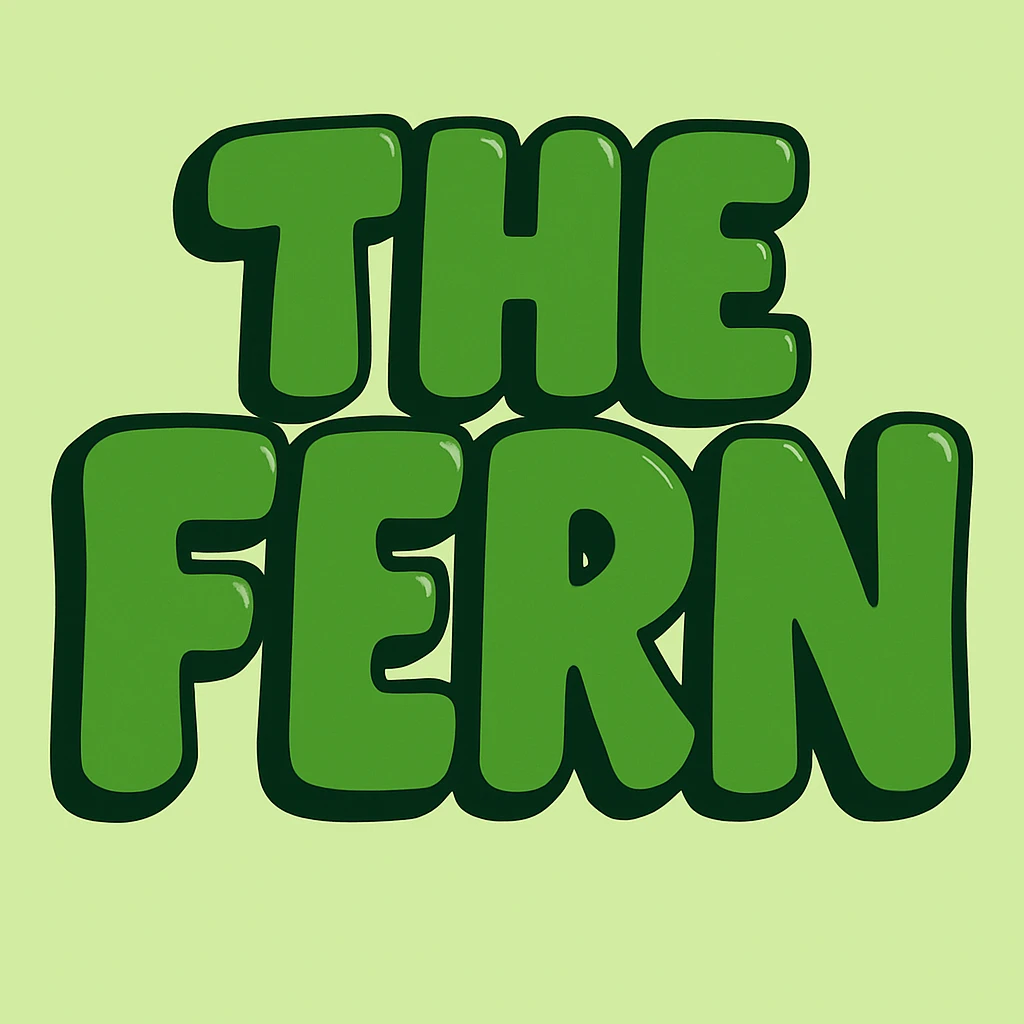 Add a black outline to the green bubble letters that say 'The Fern', keeping the playful and bold style of the letters. emoji