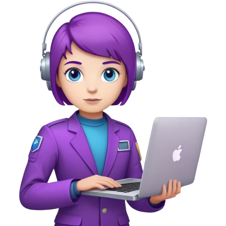 white astronaut with purple suit, blue eyes, short purple hair and one macbook emoji