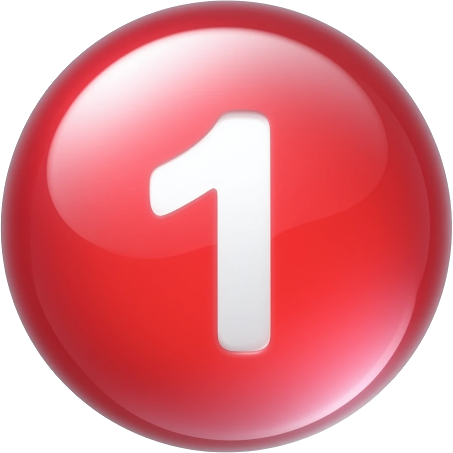 Glossy 3D sphere emoji, "1" bold white text centered, glowing gradient from red to light red, glass reflection highlight, bubble style icon emoji