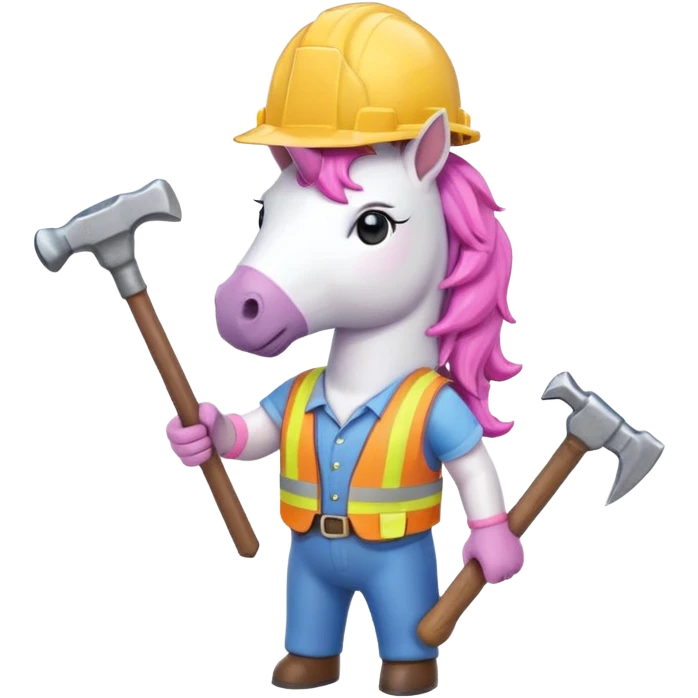 construction worker unicorn wearing a hard hat and holding a hammer, emoji style emoji