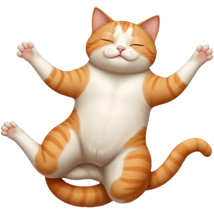 ginger and white small cat eyes closed lying down upside down with paws stretched out straight in different directions emoji