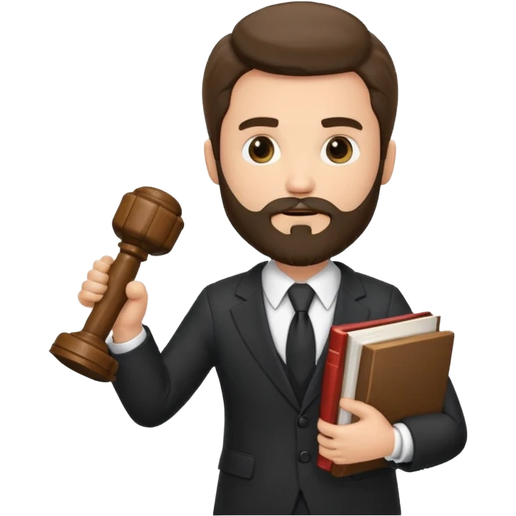 Create a male lawyer. he is wearing a fromal suit jckeret. He is holding a gavel in one hand and a book tucked under his another arm. He has beard. And the hair is kinda darker but not black emoji