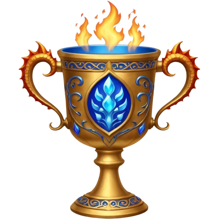 The Goblet of Fire is a large, ornate cup made of burnished gold with intricate carvings and handles shaped like fiery dragons. It's enchanted to select the champions for the Triwizard Tournament by emitting blue flames and magically presenting their name emoji