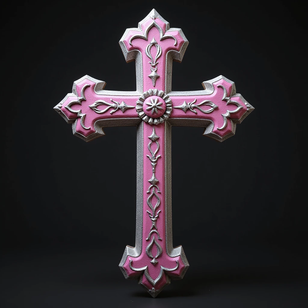 realistic gothic cross, pink with silver filigree, photorealistic style, no background emoji