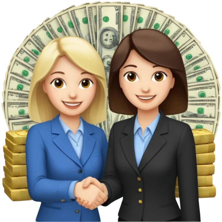 Девушка получает много денег и заключает выгодное сотрудничество. Она жмет руку коллеге и вокруг мешки денег  emoji