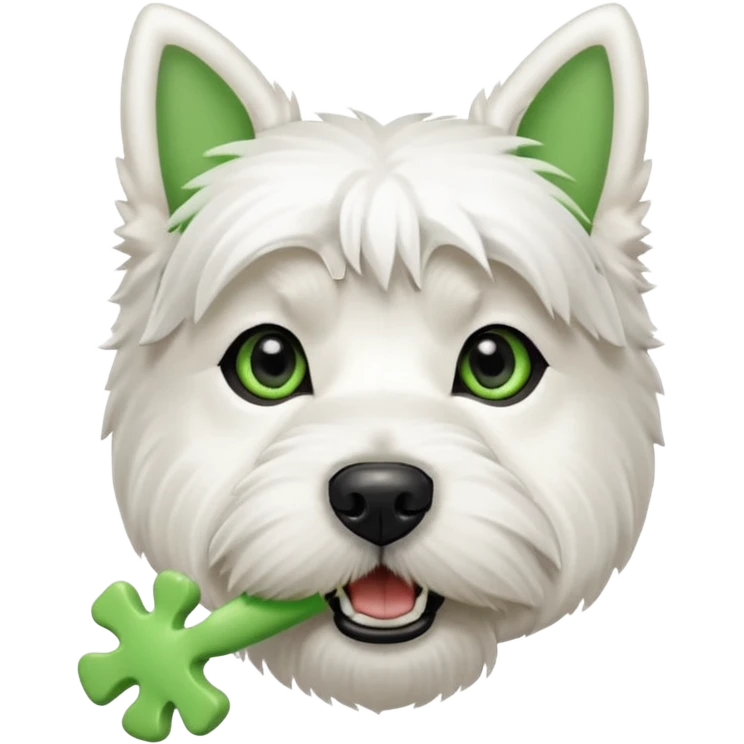 a west highland terrier dog with a green bone treat in its mouth  emoji