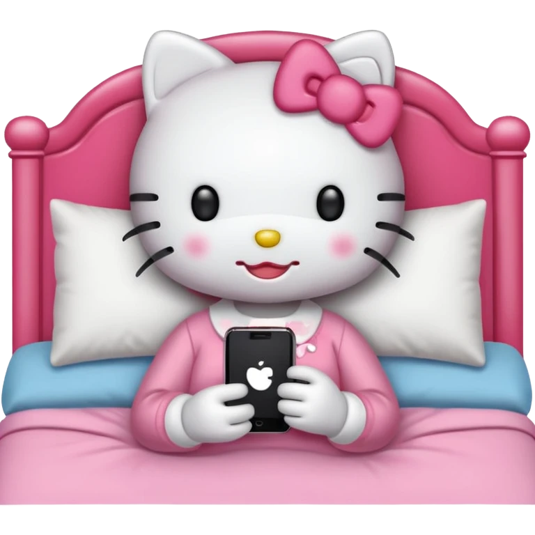 hello kitty tucked into bed on her phone emoji