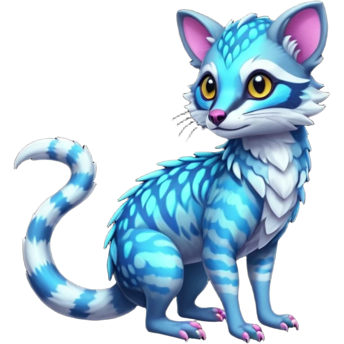 Colorful neon tropical exotic cute cool beautiful shiny beautiful fantasy-civet-genet-sergal-vernid-Gryphon-Cacomistle-Trico-oncilla-animal-Fakémon-hybrid-fursona (full body) emoji