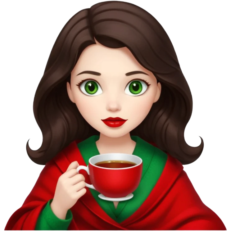 Long wavy dark brown haired, white skinned, dark big green eyed girl with red lipstick wrapped in a red blanket, sipping tea and reading a book emoji