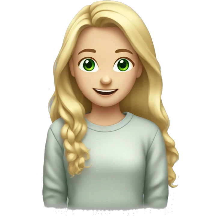 girl, long blondehair, smile, green eyes, sweatshirt emoji