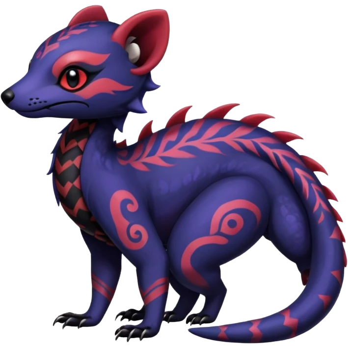 Rare warm-colored exotic gloomy tropical edgy cute epic aesthetic spooky indigo violet white black red gothic colorful Salandit-Salazzle-Civet-species-Fakemon-hybrid-creature, with tribal tattoo markings, full body emoji