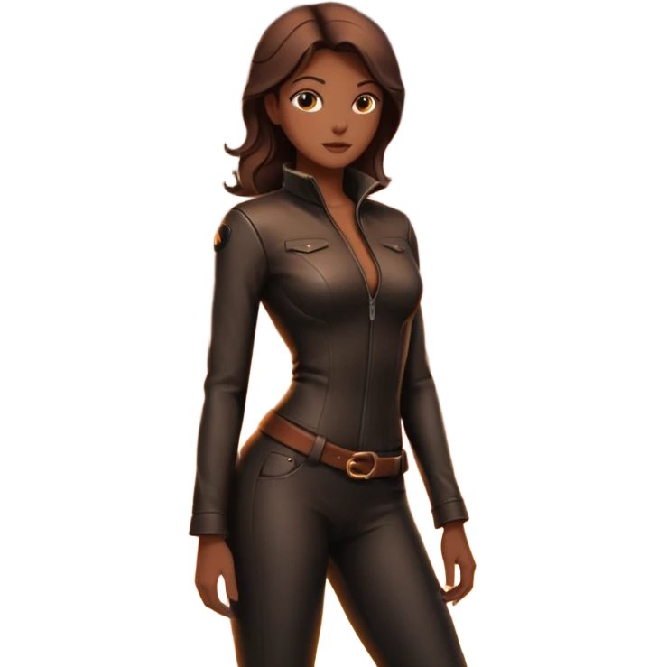 Female silhouette in tight leather, backlit by firelight, slow controlled posture emoji