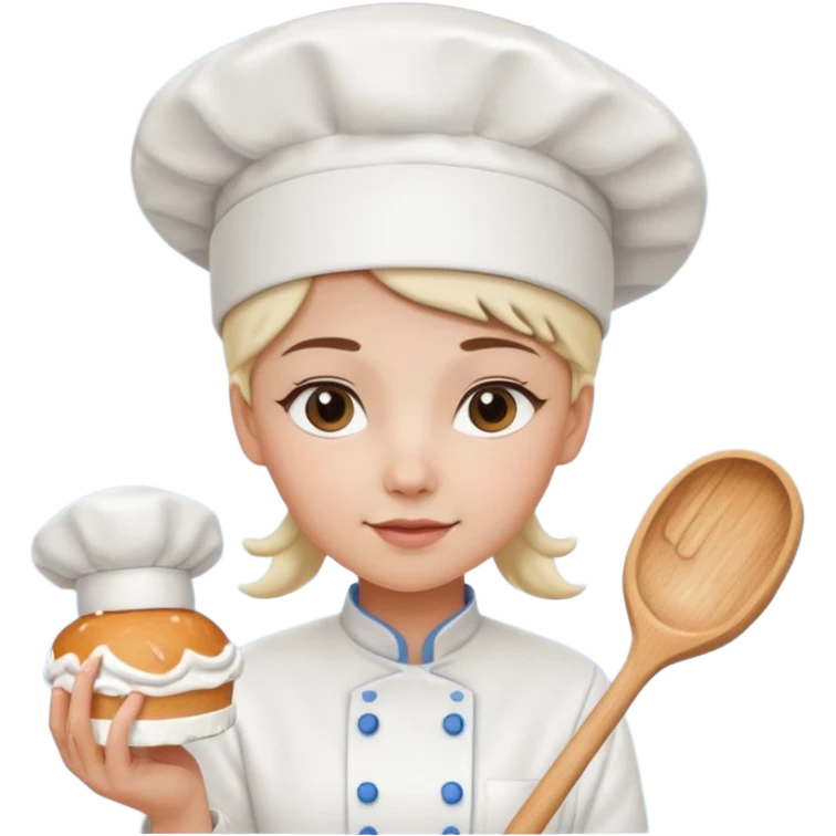 Young female baker – wearing white chef hat, holding a piping bag
 emoji