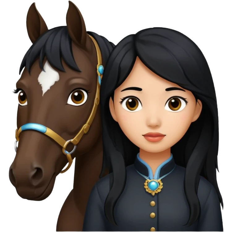 Dark brown asian girl with black horse emoji