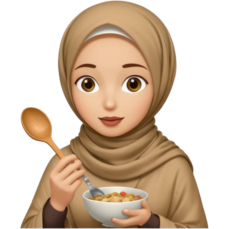 a woman wearing a pashmina hijab is eating while holding a spoon emoji