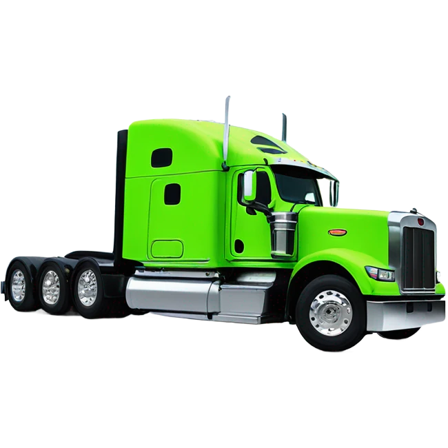 neon green peterbilt semi truck lowered on the ground with large chrome wheels and chrome smoke stacks profile view emoji