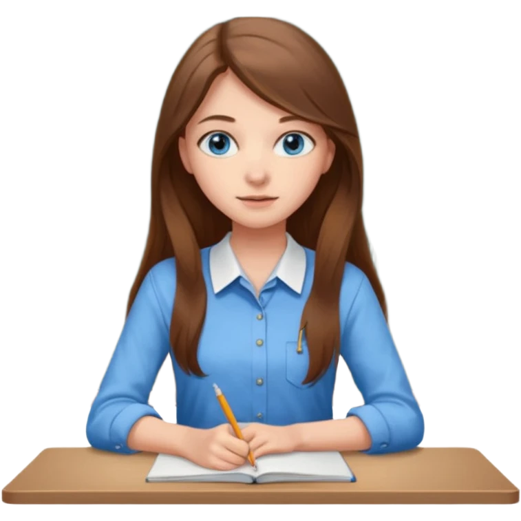 high school class room with a pretty female high school student with long brown hair, blue eyes sitting in front of the blackboard emoji