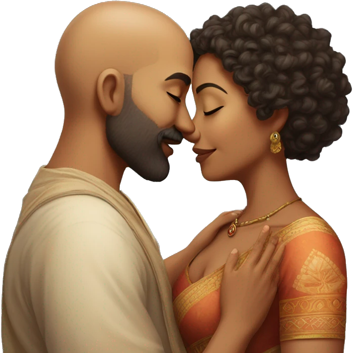 A indian race man with shaved head kissing a indian woman with curly hair short, Who embrace each other tenderly emoji