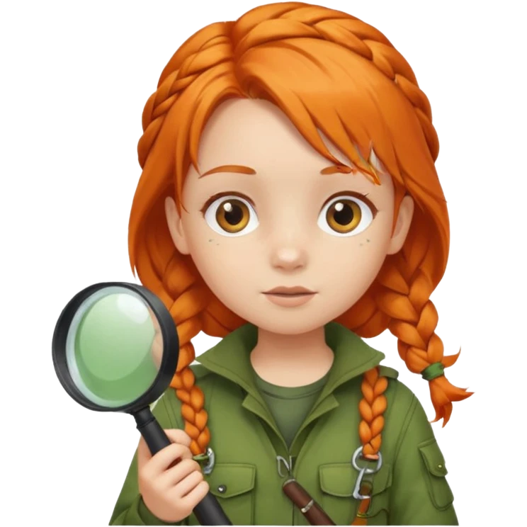 braid orange haired girl kid in moss green explorer outfit, holding magnifying glass emoji
