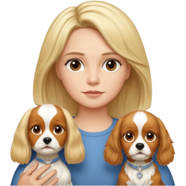 Make a picture of a mother, daughter and dog. Mother has short blonde hair. Daughter has long blonde hair. Dog is a King Charles Spaniel. emoji