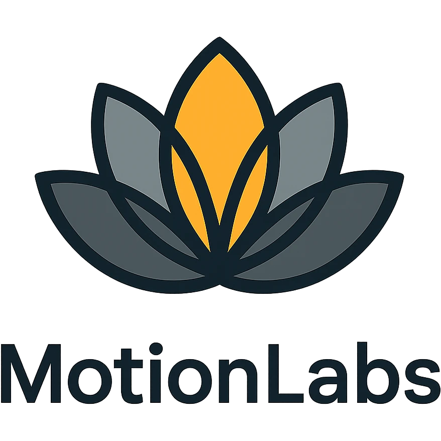 modern luxury logo for MotionLabs with abstract lotus, colors #ffa31a, #808080, #292929 emoji