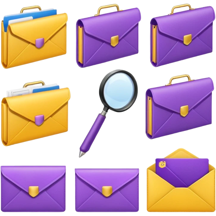 simple, minimalistic yellow (hex#FFD008) and purple (hex#8C52FF) icons of a pin, a working case, a folder, a magnifier, an email, an envelope. 6 icons in total emoji