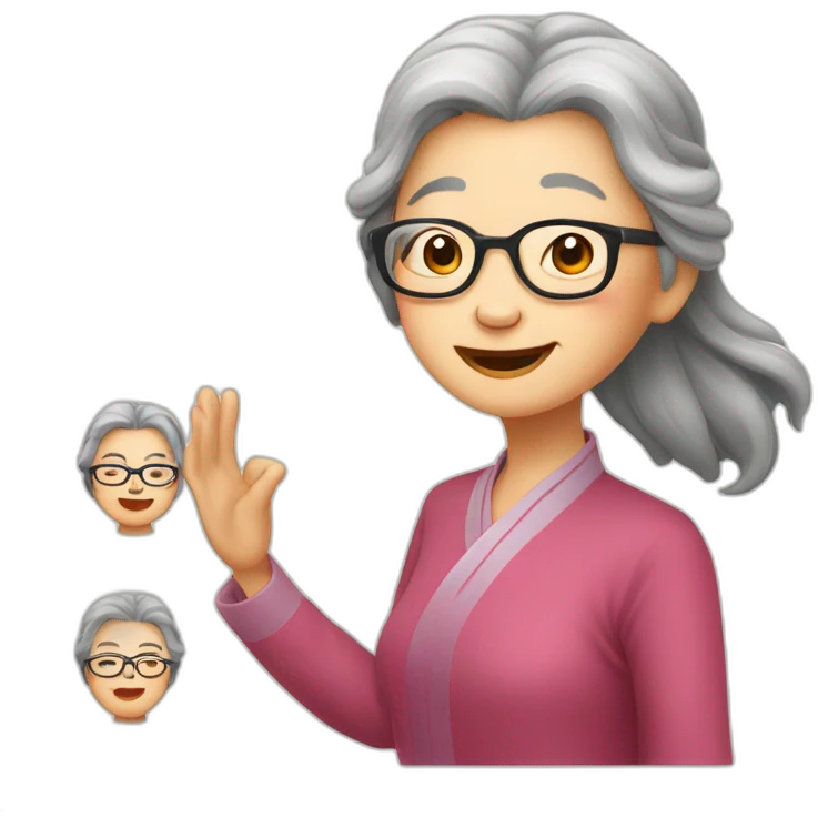 Chinese senior lady wear glasses has long hair show love gesture emoji