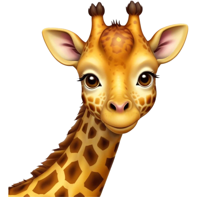 Cinematic Cute Giraffe Portrait Emoji, Head tilted playfully and inquisitively, featuring a glossy, patterned Fur of warm yellows and browns with delicate white spots, round, sparkling eyes filled with curious wonder, Simplified yet irresistibly adorable features, highly detailed, glowing with a warm, friendly glow, high shine, affectionate and gentle, stylized with a touch of savannah whimsy, bright and endearing, soft glowing outline, capturing the essence of a mischievous yet loving giraffe, so playful it feels like it could gallop out of the screen and into your arms! emoji