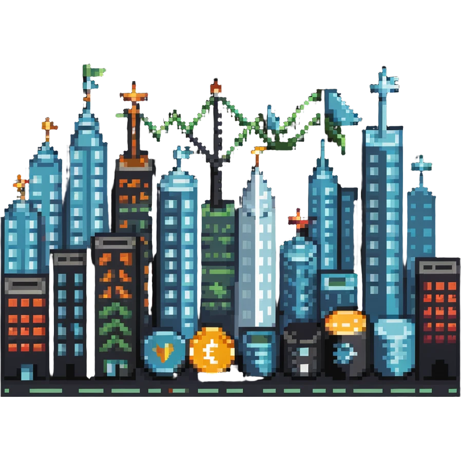 cityscape with economic symbols like upward arrows, coins, and buildings emoji