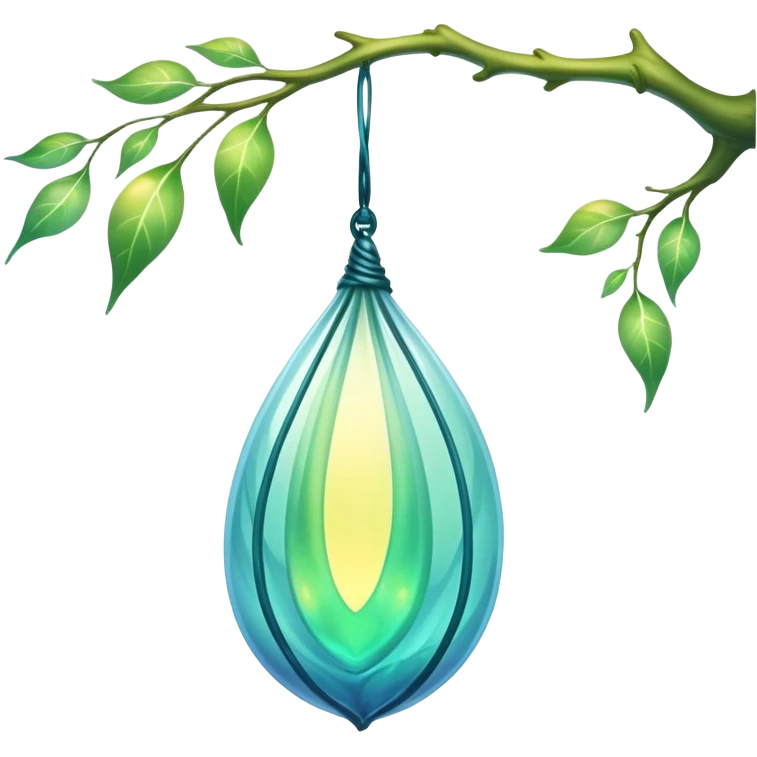 ethereal magical cocoon hanging from a branch, glowing green-blue cocoon, yellow magical aura, translucent, magical symbol, soft curves, gentle green-blue hues emoji