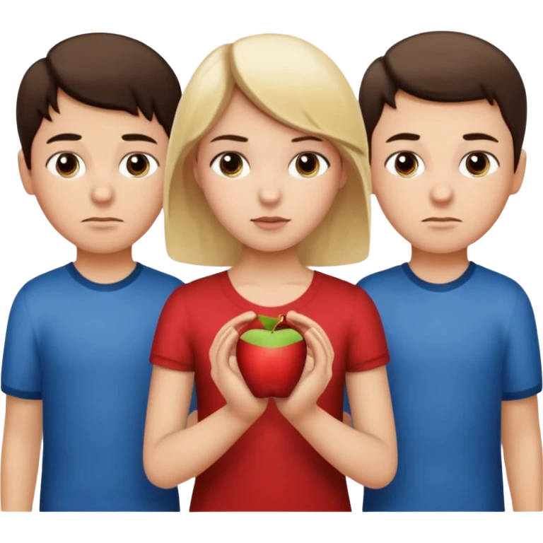 Apple iOS emoji style.
A girl holding hands with two boys at the same time,one boy si brunette the other blonde, one on each side.
The girl has a suspicious, guilty expression, slightly turned eyes.
The boys look neutral and unaware.
 smooth gradients, rounded shape emoji
