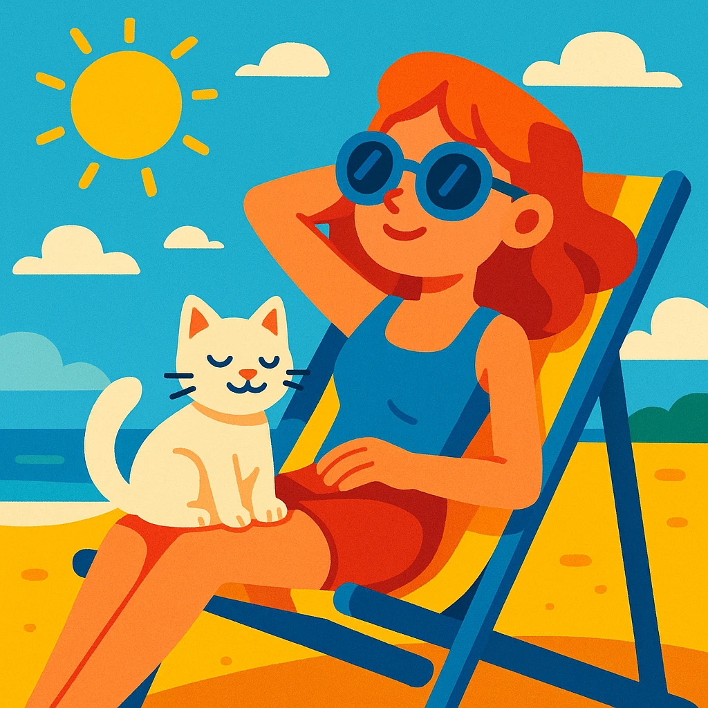 girl sitting in a beach chair with her cat, sunny summer day, vibrant toon style emoji