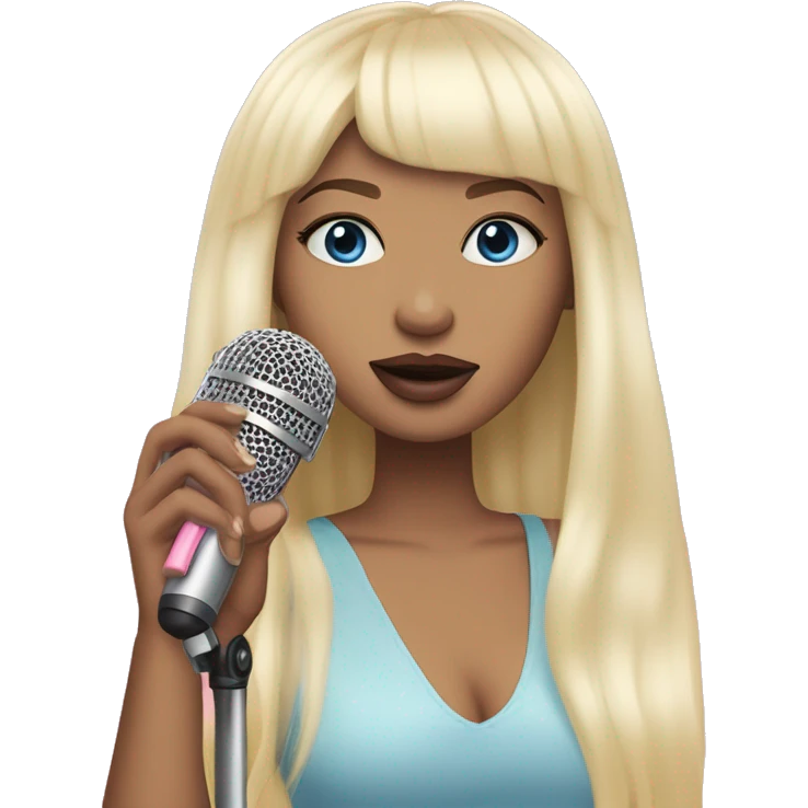 Blonde haired singer with long straight hair and bangs holding a pink microphone and the girl has blue eyes and pink-red lips and a pastel yellow, pastel pink, pastel blue and pastel purple clouds beside her and he has light skin emoji