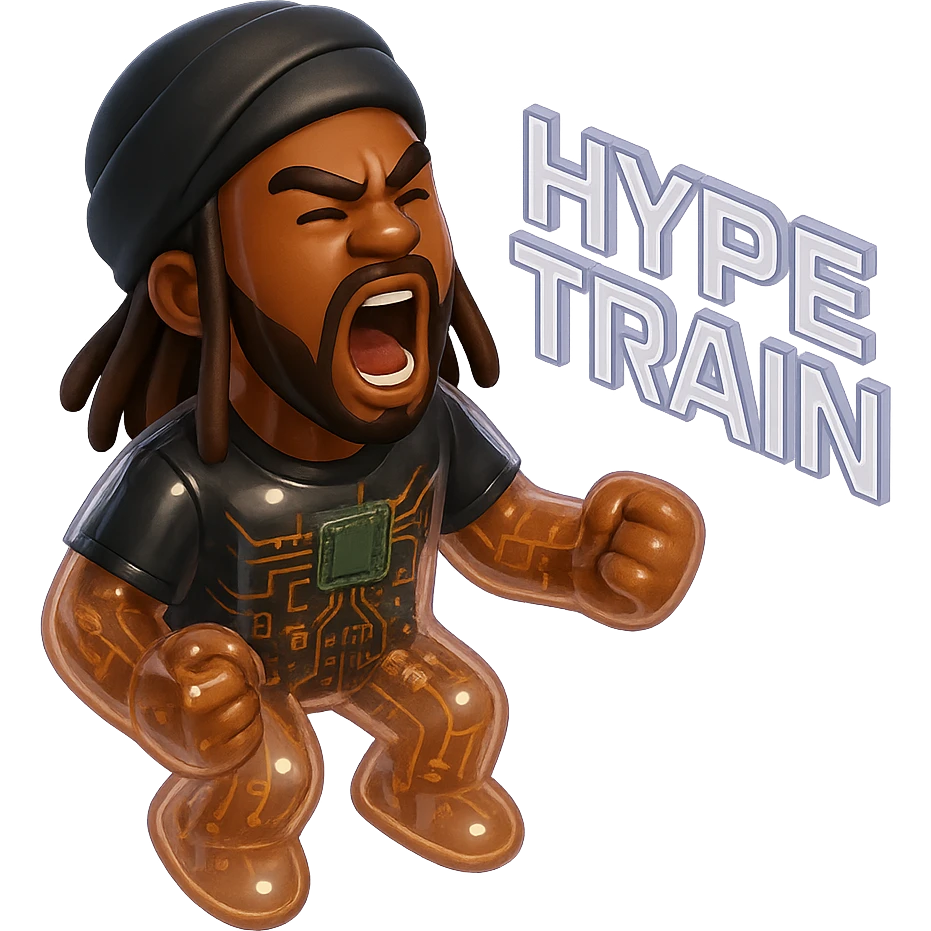 Brownskin man with long brown dreadlocks 
black  t-shirt 
black turban 
expression is yelling 
Add the word HYPE TRAIN emoji